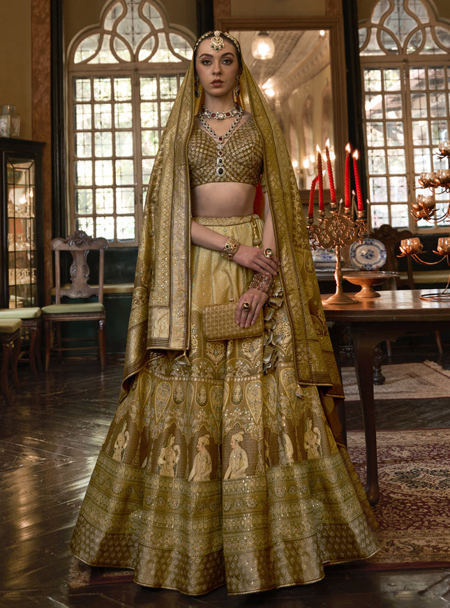 Dusty Gold Rajwadi Silk Embellished Lehenga Choli