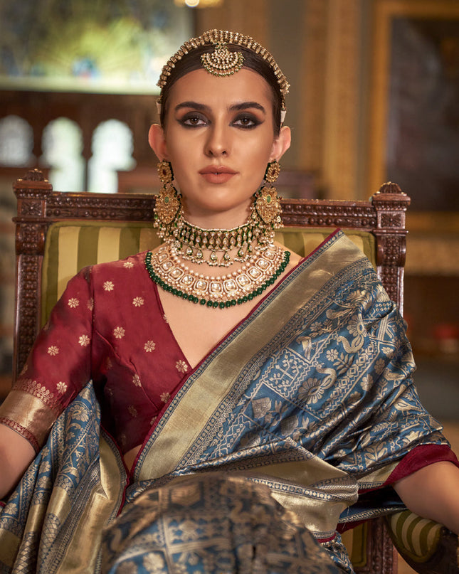 Teal Blue Silk Banarasi Woven Saree