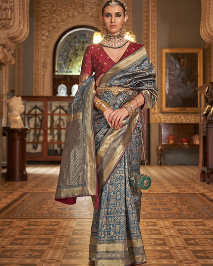 Teal Blue Silk Banarasi Woven Saree