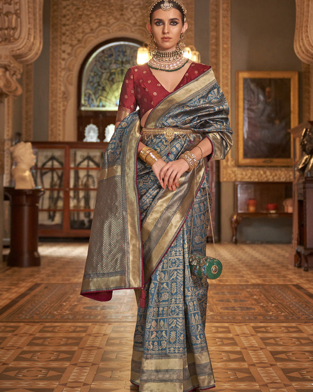 Teal Blue Silk Banarasi Woven Saree