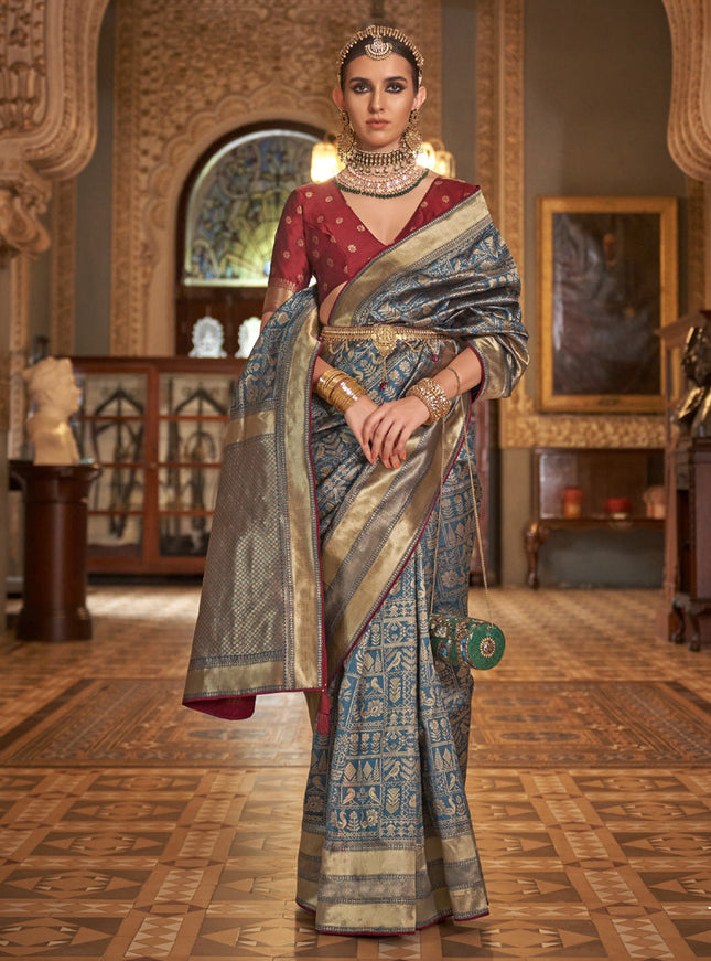 Teal Blue Silk Banarasi Woven Saree