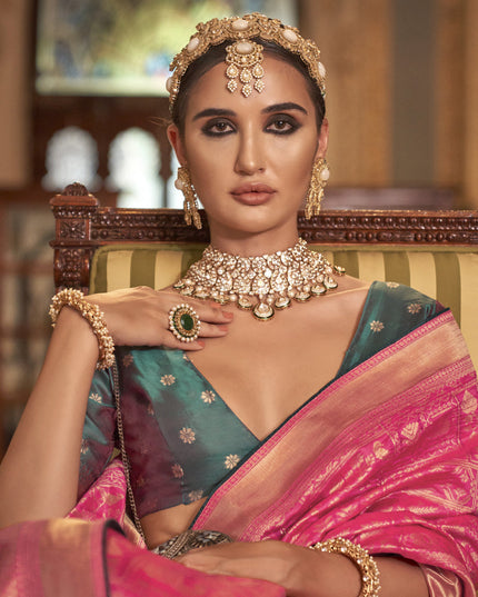 Cherry Pink Silk Banarasi Woven Saree