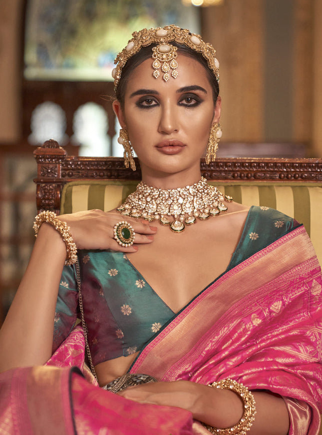 Cherry Pink Silk Banarasi Woven Saree