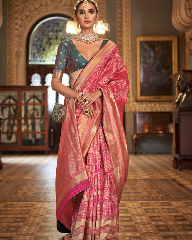 Cherry Pink Silk Banarasi Woven Saree