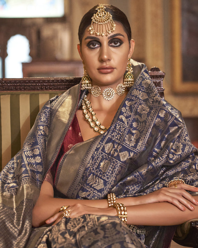 Navy Blue Silk Banarasi Woven Saree