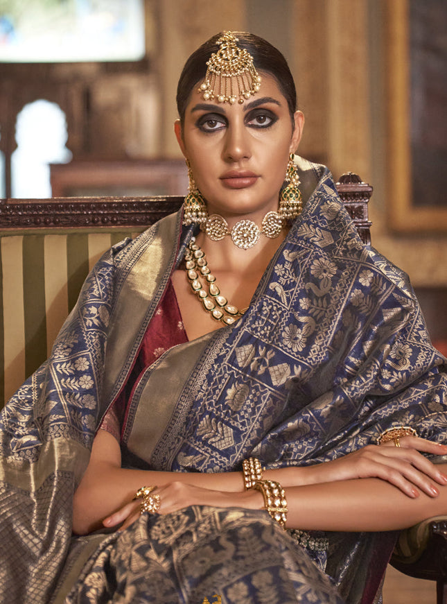 Navy Blue Silk Banarasi Woven Saree
