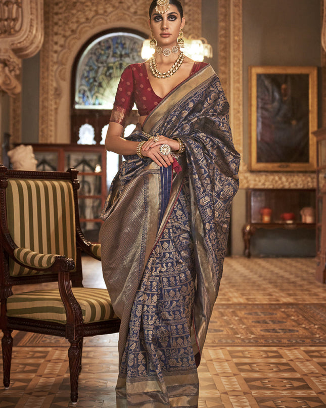 Navy Blue Silk Banarasi Woven Saree