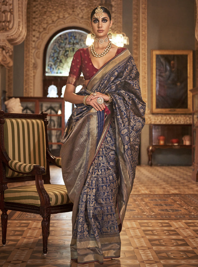 Navy Blue Silk Banarasi Woven Saree