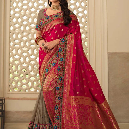 Rani Pink & Beige Silk Embroidered Wedding Saree