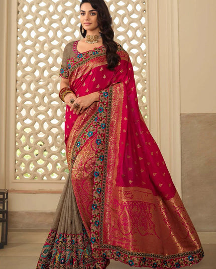 Rani Pink & Beige Silk Embroidered Wedding Saree