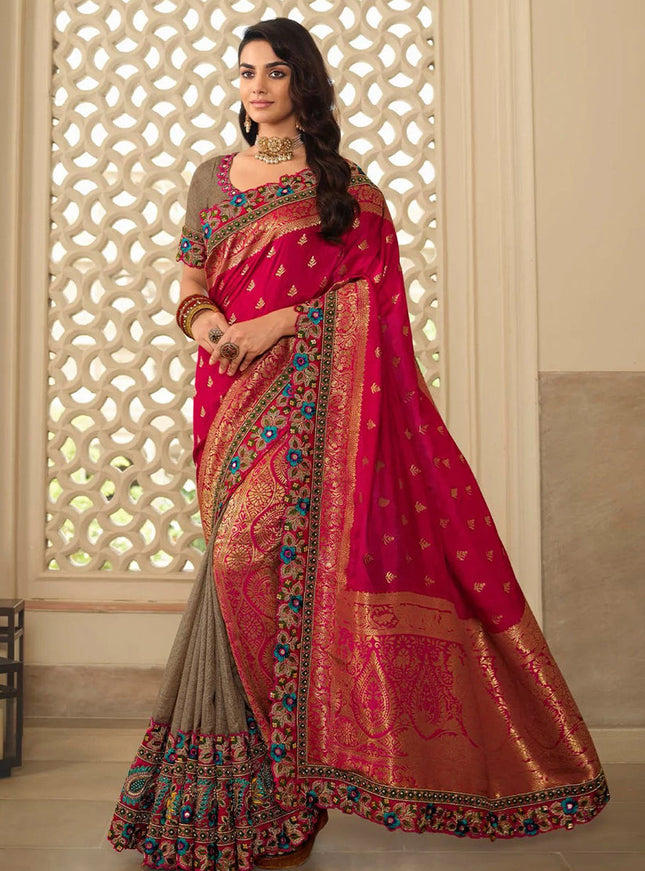 Rani Pink & Beige Silk Embroidered Wedding Saree