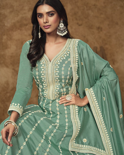 mint blue dola silk embroidered gown with dupatta