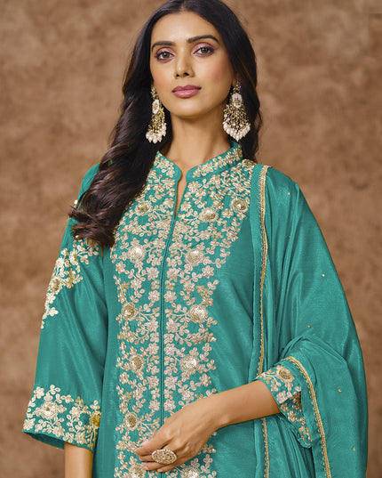 firozi chinnon silk embroidered palazzo kameez