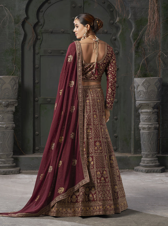 Maroon Georgette Embroidered Bridal Lehenga Choli
