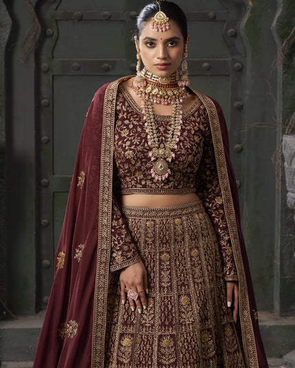 Maroon Georgette Embroidered Bridal Lehenga Choli