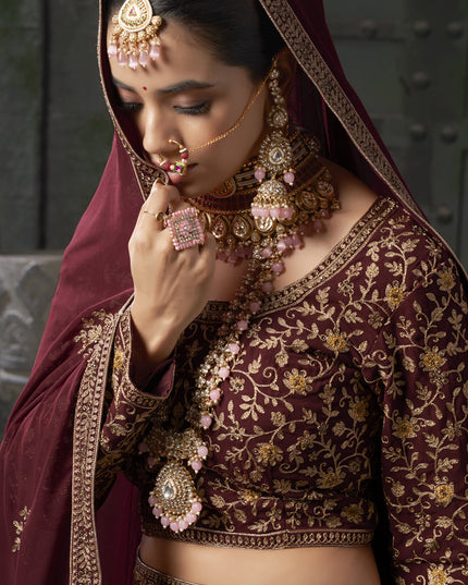 Maroon Georgette Embroidered Bridal Lehenga Choli