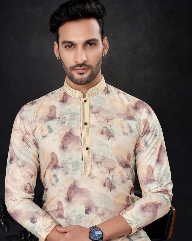 Pastel Yellow Silk Digital Print Mens Kurta Pajama Set