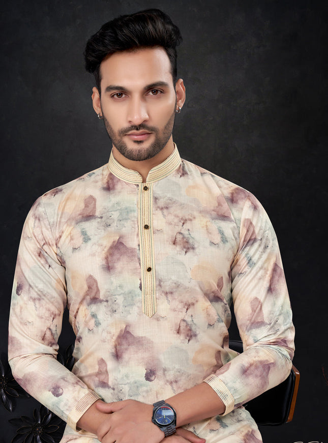 Pastel Yellow Silk Digital Print Mens Kurta Pajama Set