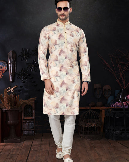 Pastel Yellow Silk Digital Print Mens Kurta Pajama Set