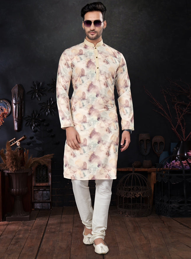 Pastel Yellow Silk Digital Print Mens Kurta Pajama Set