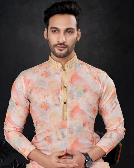 Salmon Orange and White Silk Digital Print Mens Kurta Pajama Set