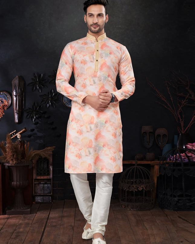 Salmon Orange and White Silk Digital Print Mens Kurta Pajama Set