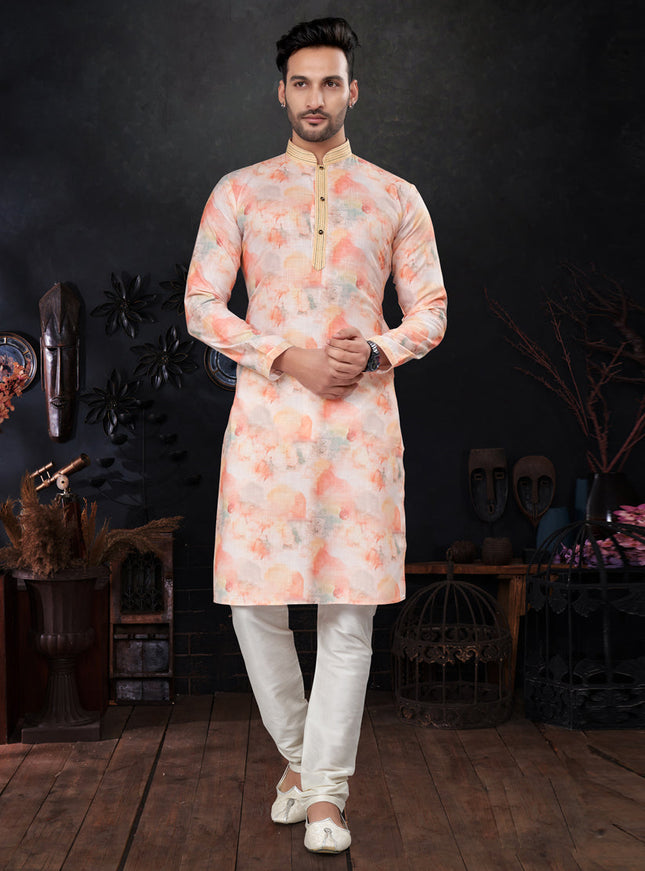 Salmon Orange and White Silk Digital Print Mens Kurta Pajama Set