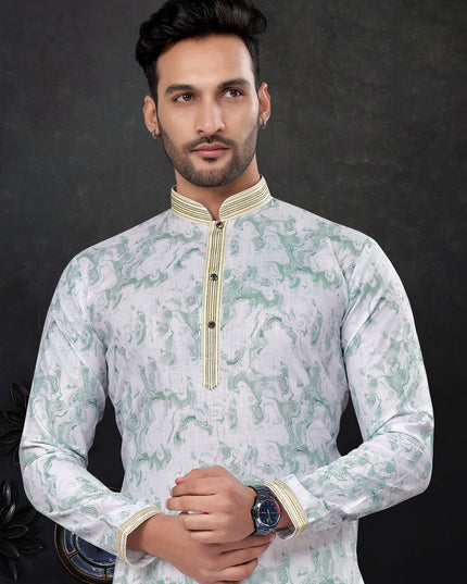 Teal Mint and White Silk Digital Print Mens Kurta Pajama Set