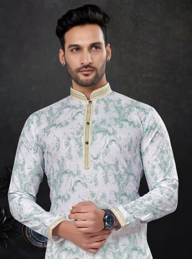 Teal Mint and White Silk Digital Print Mens Kurta Pajama Set