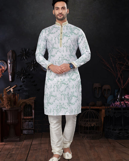 Teal Mint and White Silk Digital Print Mens Kurta Pajama Set