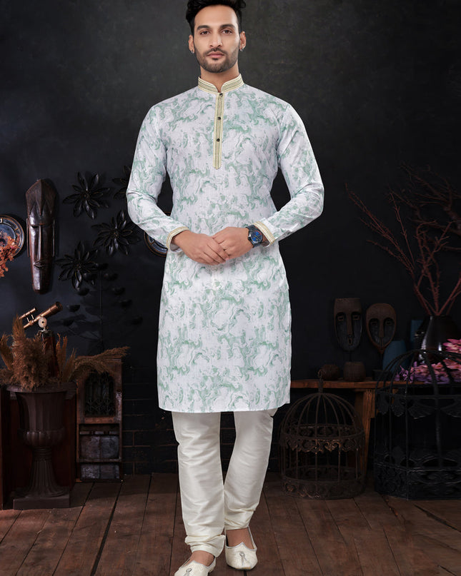 Teal Mint and White Silk Digital Print Mens Kurta Pajama Set