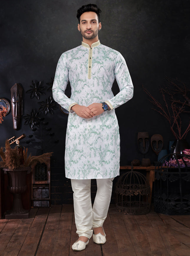 Teal Mint and White Silk Digital Print Mens Kurta Pajama Set