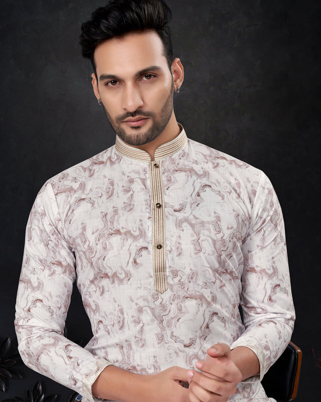 Burgundy Brown and White Silk Digital Print Mens Kurta Pajama Set