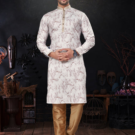 Burgundy Brown and White Silk Digital Print Mens Kurta Pajama Set