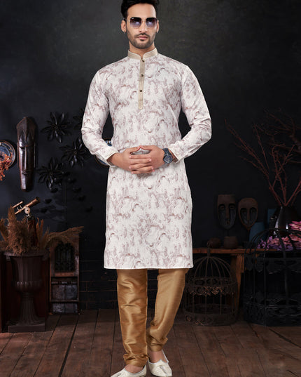Burgundy Brown and White Silk Digital Print Mens Kurta Pajama Set