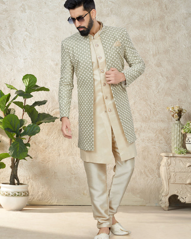 Cream Indo Western with Embroidered Jacket