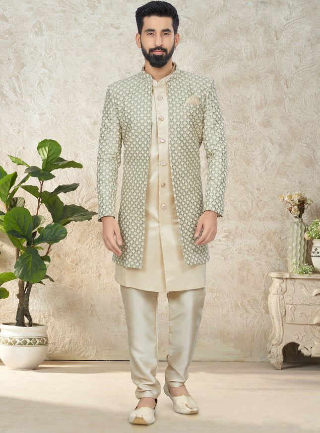 Cream Indo Western with Embroidered Jacket