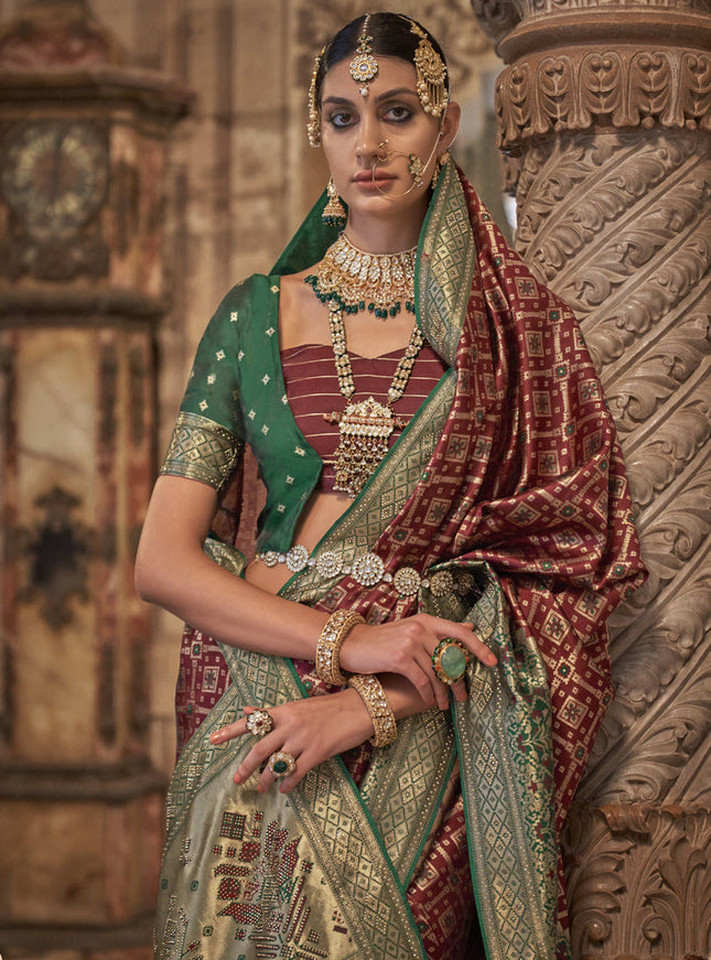 Maroon Jacquard Woven Silk Saree