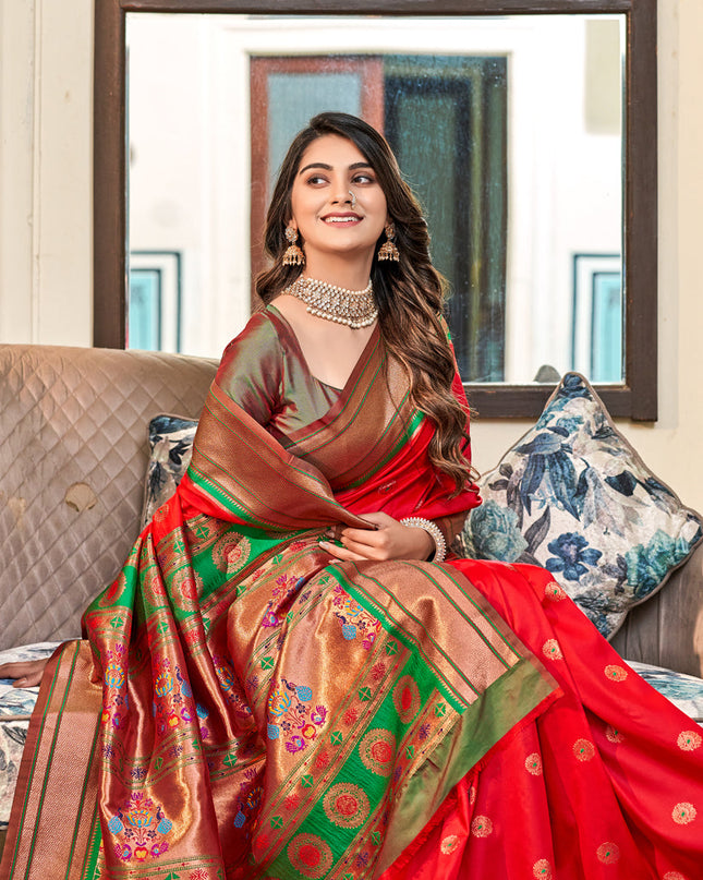 Red Paithani Silk Zari Woven Saree