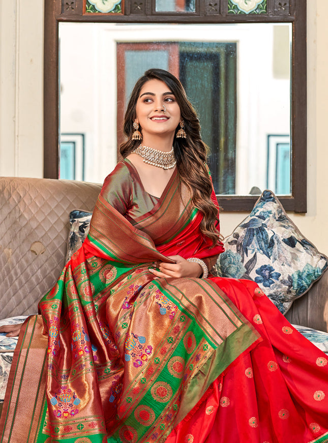 Red Paithani Silk Zari Woven Saree
