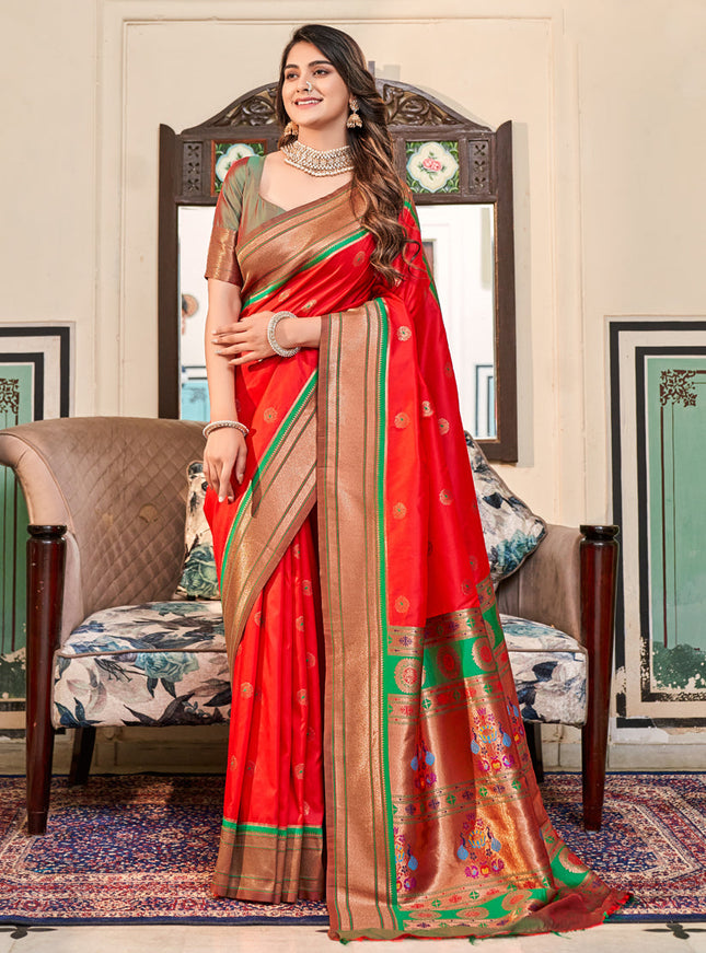 Red Paithani Silk Zari Woven Saree