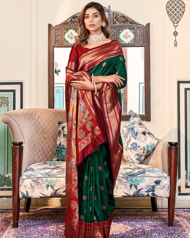 Bottle Green Paithani Silk Zari Woven Saree