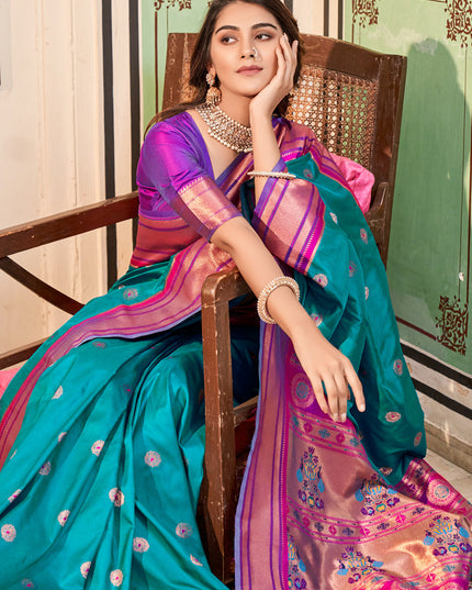 Turquoise Paithani Silk Zari Woven Saree
