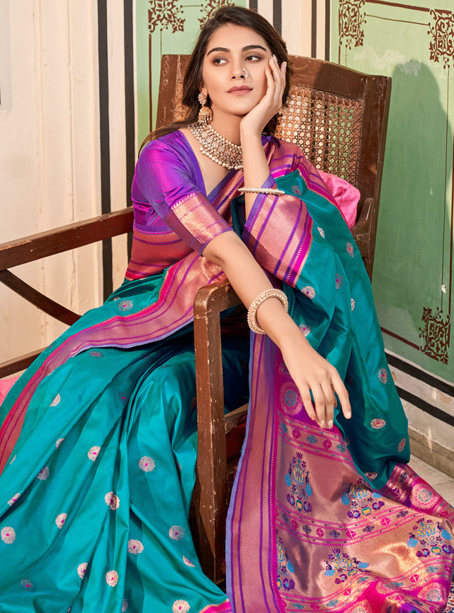 Turquoise Paithani Silk Zari Woven Saree