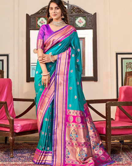 Turquoise Paithani Silk Zari Woven Saree