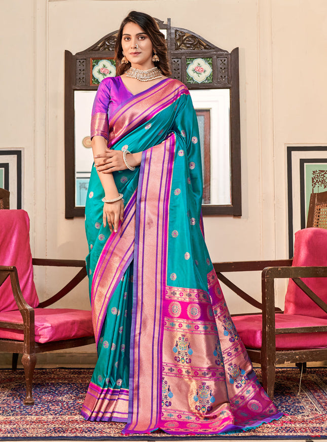 Turquoise Paithani Silk Zari Woven Saree