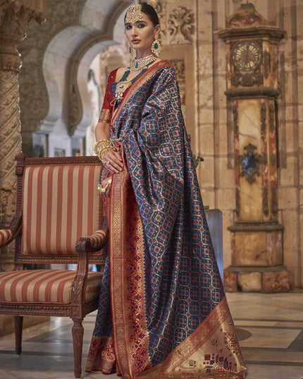 Navy Blue Jacquard Woven Silk Saree