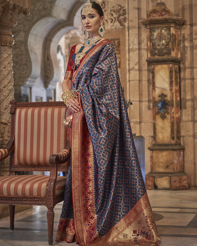 Navy Blue Jacquard Woven Silk Saree