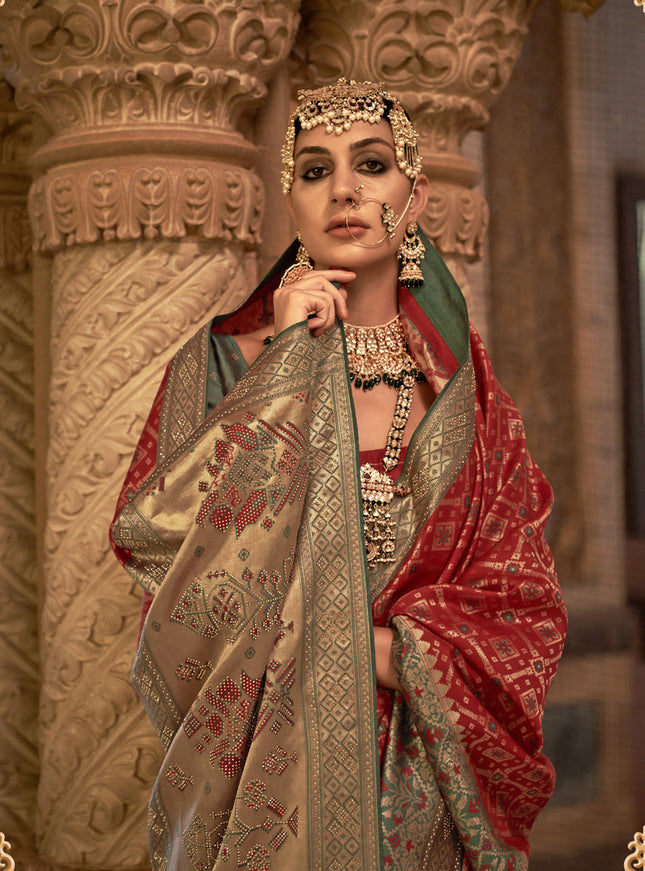 Hot Red Jacquard Woven Silk Saree