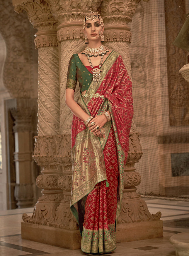 Hot Red Jacquard Woven Silk Saree